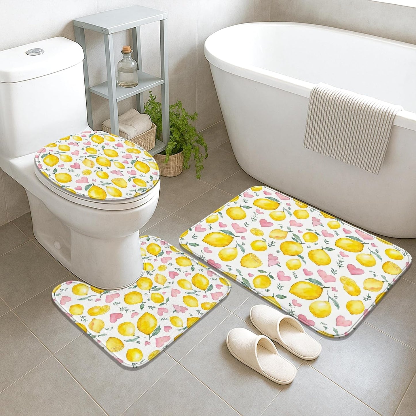 Lemon Shower Curtain Sets, Summer Fanciful Heart Leaf Summer Yellow Washable with Hooks Bathroom Sets with Shower Curtain and Rugs Decorative for Toile Guest Room 72x72 Inch