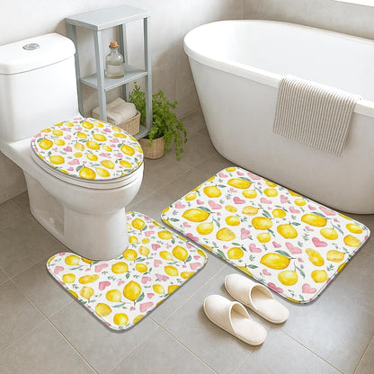 Lemon Shower Curtain Sets, Summer Fanciful Heart Leaf Summer Yellow Washable with Hooks Bathroom Sets with Shower Curtain and Rugs Decorative for Toile Guest Room 72x72 Inch