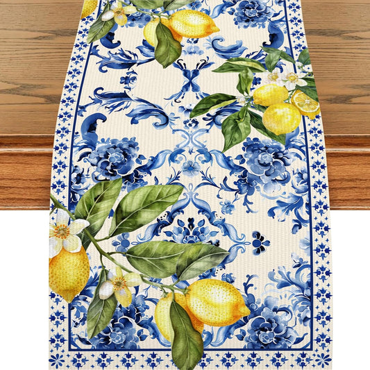 Lemon and Blue Floral Table Runner, 72 x 13 inches | Seasonal Kitchen Dining Table Decoration, Holiday, Housewarming Gifts, Home Party Birthday Wedding Decor