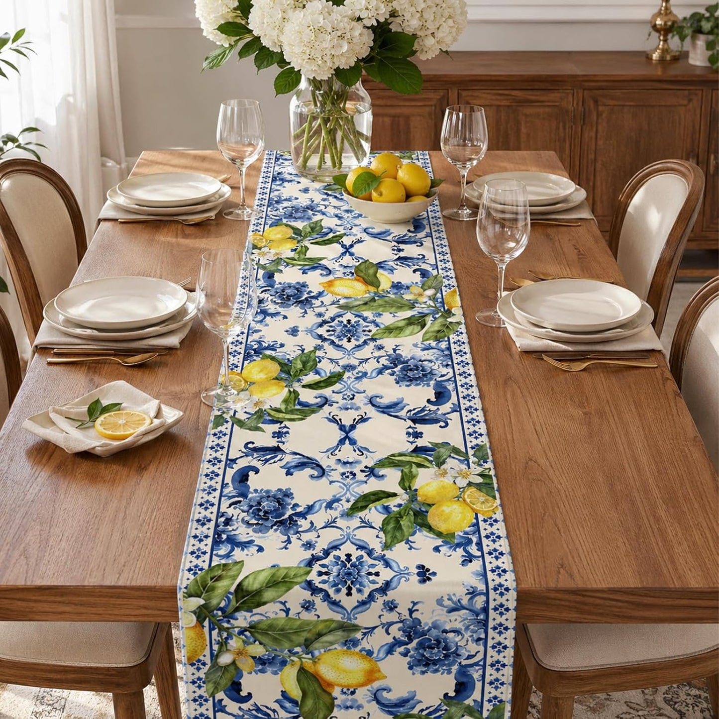 Lemon and Blue Floral Table Runner, 72 x 13 inches | Seasonal Kitchen Dining Table Decoration, Holiday, Housewarming Gifts, Home Party Birthday Wedding Decor