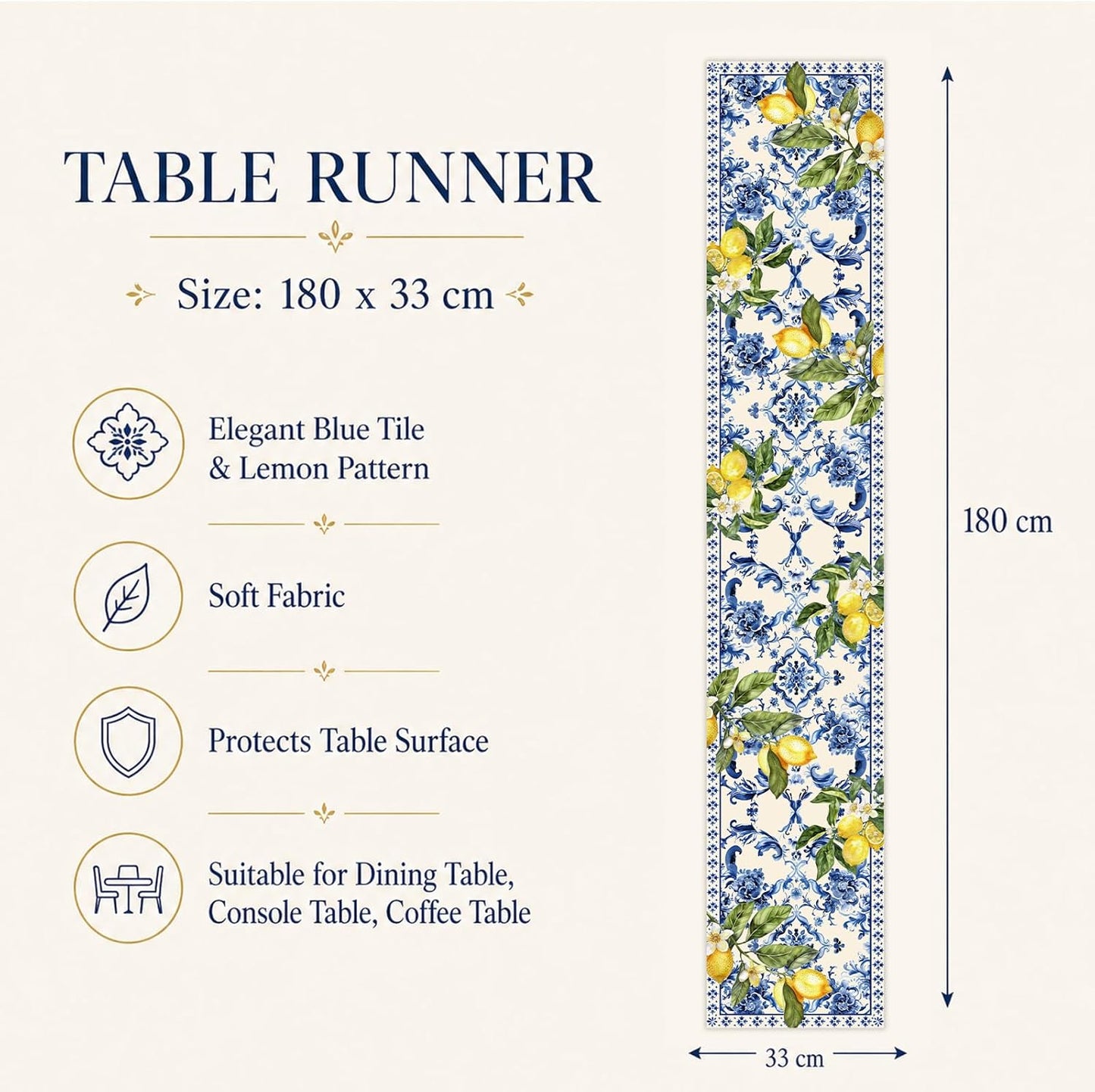 Lemon and Blue Floral Table Runner, 72 x 13 inches | Seasonal Kitchen Dining Table Decoration, Holiday, Housewarming Gifts, Home Party Birthday Wedding Decor