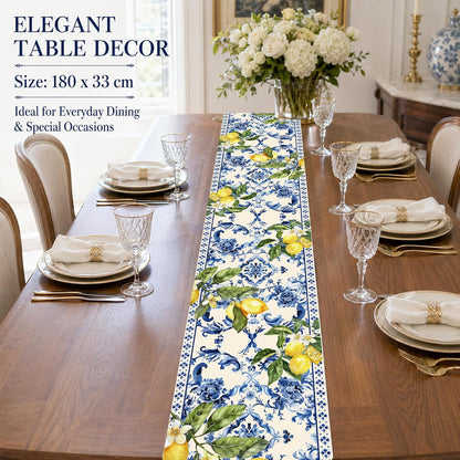 Lemon and Blue Floral Table Runner, 72 x 13 inches | Seasonal Kitchen Dining Table Decoration, Holiday, Housewarming Gifts, Home Party Birthday Wedding Decor