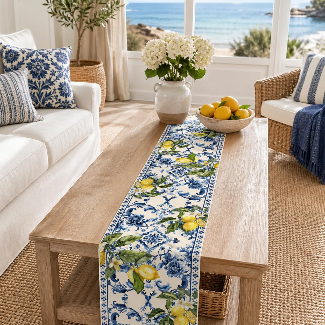 Lemon and Blue Floral Table Runner, 72 x 13 inches | Seasonal Kitchen Dining Table Decoration, Holiday, Housewarming Gifts, Home Party Birthday Wedding Decor