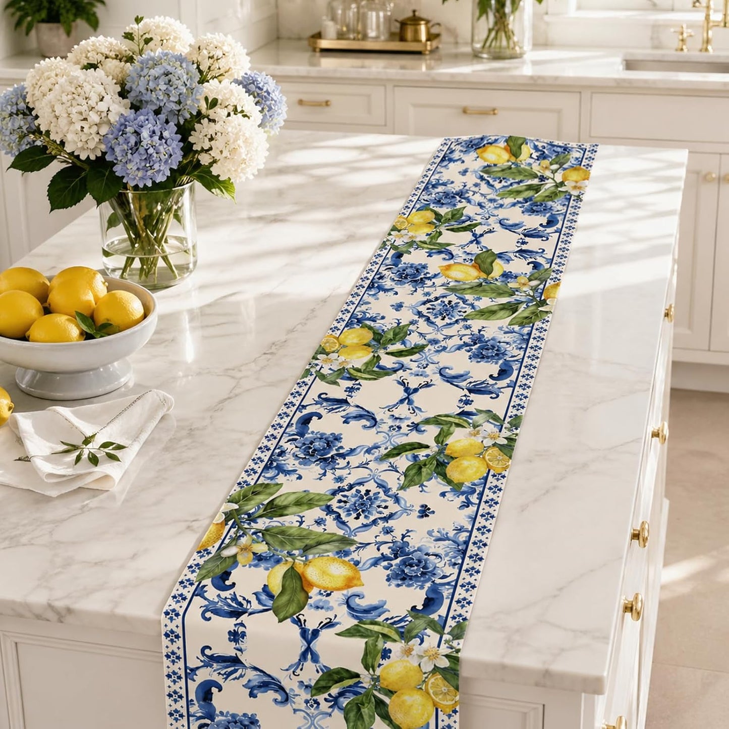 Lemon and Blue Floral Table Runner, 72 x 13 inches | Seasonal Kitchen Dining Table Decoration, Holiday, Housewarming Gifts, Home Party Birthday Wedding Decor