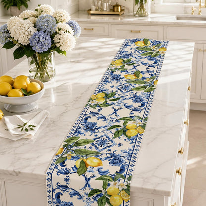 Lemon and Blue Floral Table Runner, 72 x 13 inches | Seasonal Kitchen Dining Table Decoration, Holiday, Housewarming Gifts, Home Party Birthday Wedding Decor