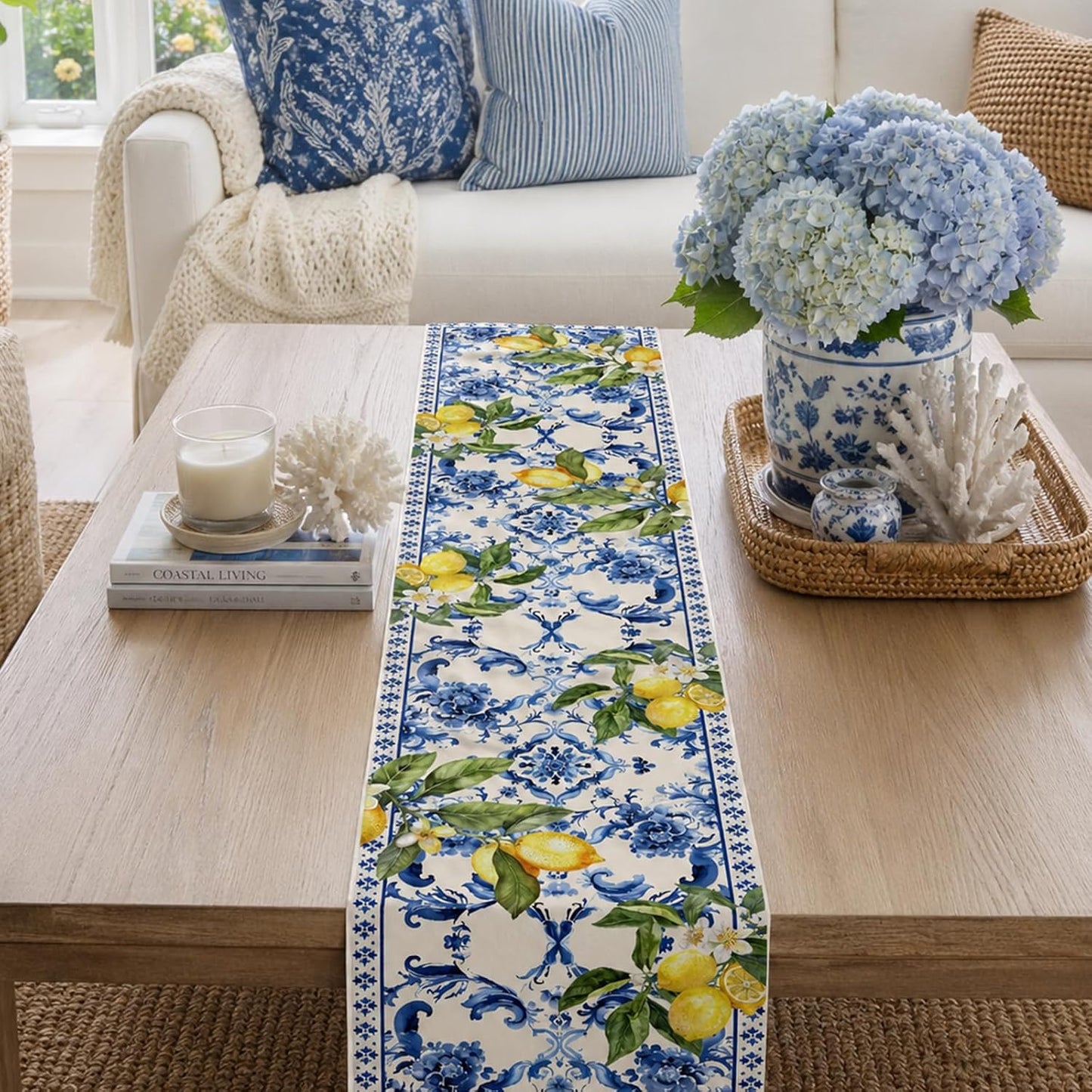 Lemon and Blue Floral Table Runner, 72 x 13 inches | Seasonal Kitchen Dining Table Decoration, Holiday, Housewarming Gifts, Home Party Birthday Wedding Decor