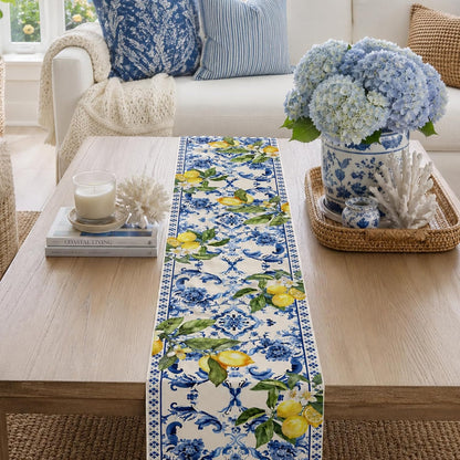 Lemon and Blue Floral Table Runner, 72 x 13 inches | Seasonal Kitchen Dining Table Decoration, Holiday, Housewarming Gifts, Home Party Birthday Wedding Decor