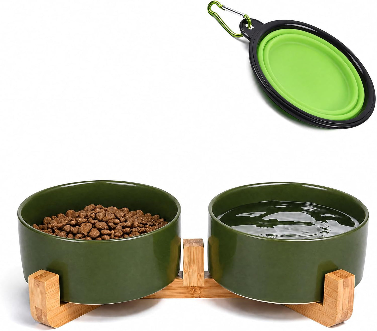 Petygooing Dog Bowls,Ceramic Cat Dog Bowl Set with Wood Stand for Food and Water,Non-Slip Cute Modern Pet Dish for Cats and Small Size Dogs (13.5OZ/5.1 in) Rust Green