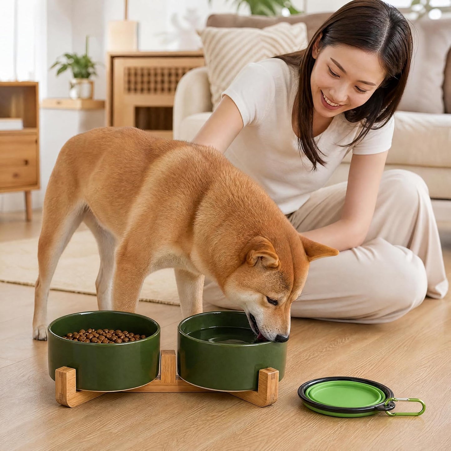 Petygooing Dog Bowls,Ceramic Cat Dog Bowl Set with Wood Stand for Food and Water,Non-Slip Cute Modern Pet Dish for Cats and Small Size Dogs (13.5OZ/5.1 in) Rust Green