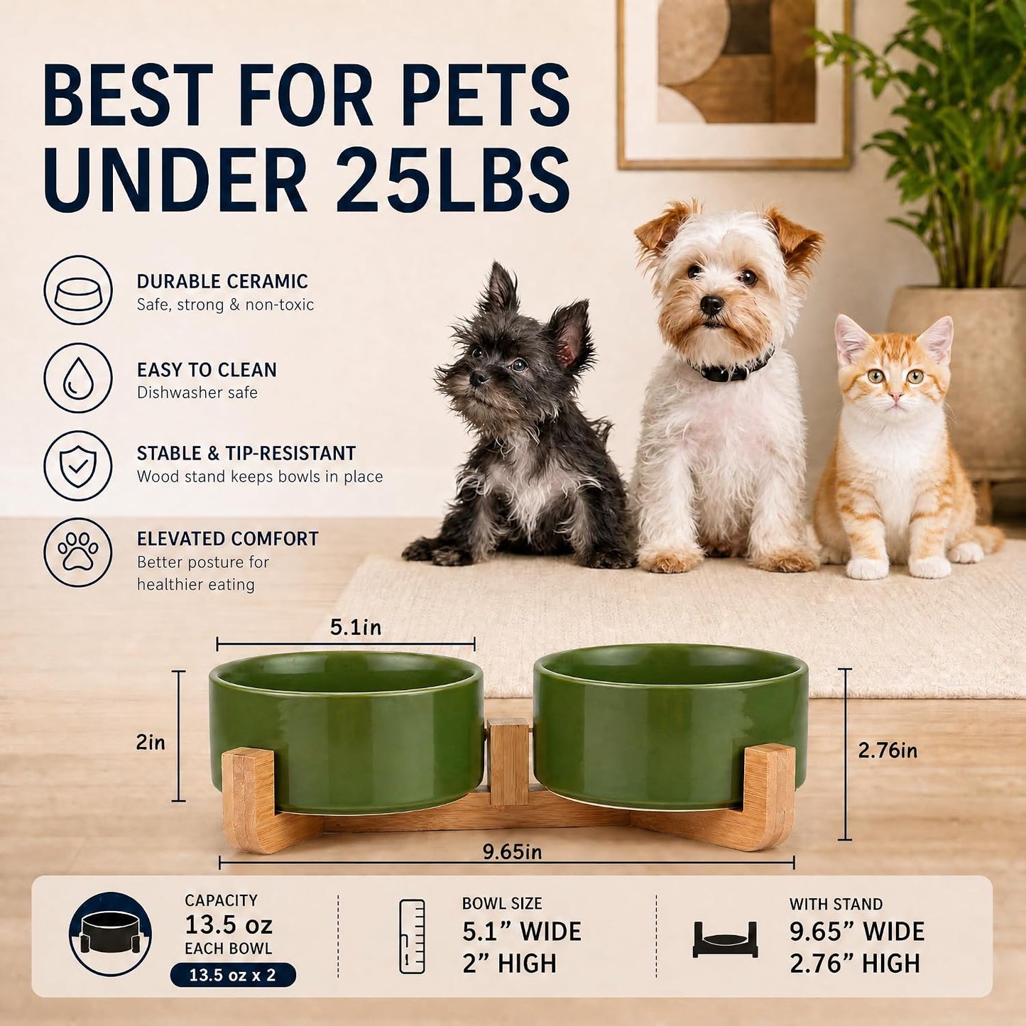 Petygooing Dog Bowls,Ceramic Cat Dog Bowl Set with Wood Stand for Food and Water,Non-Slip Cute Modern Pet Dish for Cats and Small Size Dogs (13.5OZ/5.1 in) Rust Green