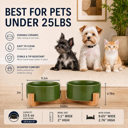 Petygooing Dog Bowls,Ceramic Cat Dog Bowl Set with Wood Stand for Food and Water,Non-Slip Cute Modern Pet Dish for Cats and Small Size Dogs (13.5OZ/5.1 in) Rust Green