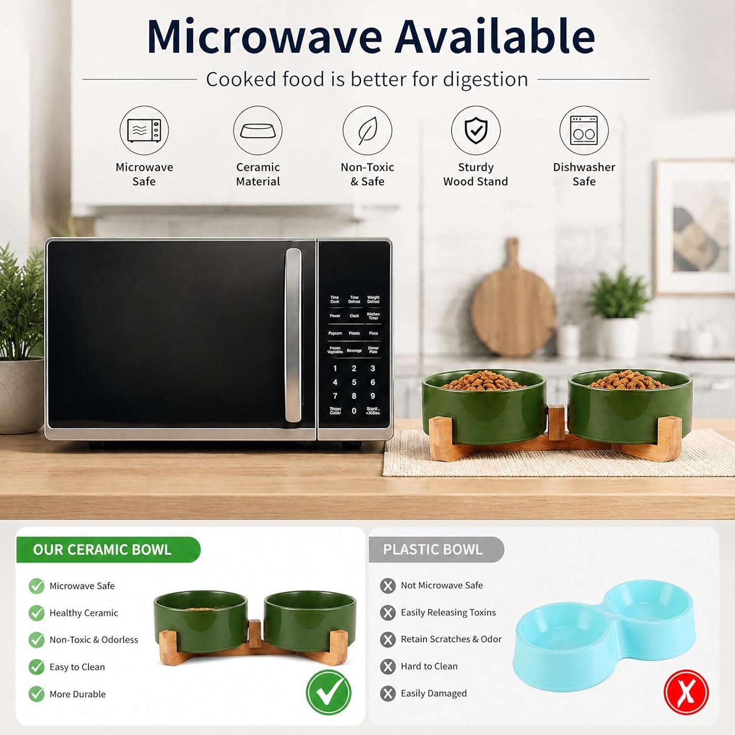 Petygooing Dog Bowls,Ceramic Cat Dog Bowl Set with Wood Stand for Food and Water,Non-Slip Cute Modern Pet Dish for Cats and Small Size Dogs (13.5OZ/5.1 in) Rust Green
