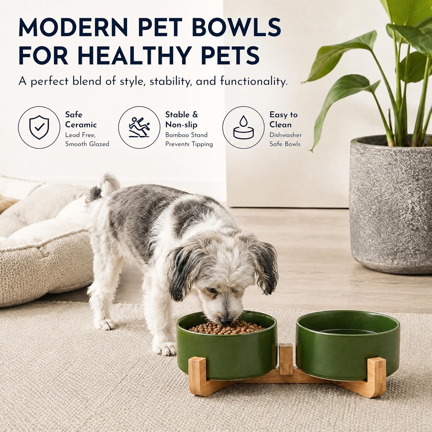 Petygooing Dog Bowls,Ceramic Cat Dog Bowl Set with Wood Stand for Food and Water,Non-Slip Cute Modern Pet Dish for Cats and Small Size Dogs (13.5OZ/5.1 in) Rust Green