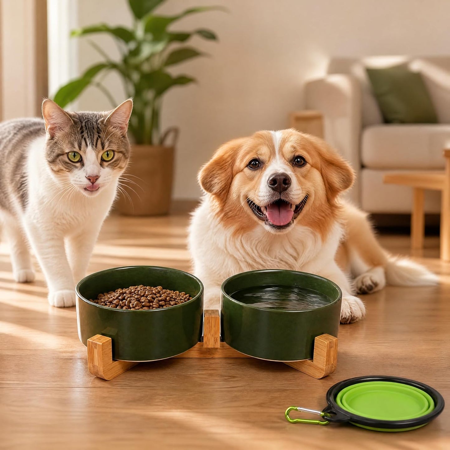 Petygooing Dog Bowls,Ceramic Cat Dog Bowl Set with Wood Stand for Food and Water,Non-Slip Cute Modern Pet Dish for Cats and Small Size Dogs (13.5OZ/5.1 in) Rust Green