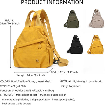 Convertible Sling Backpack for Women, Water-Resistant Lightweight Nylon Pack Hiking Travel Bag (Yellow)