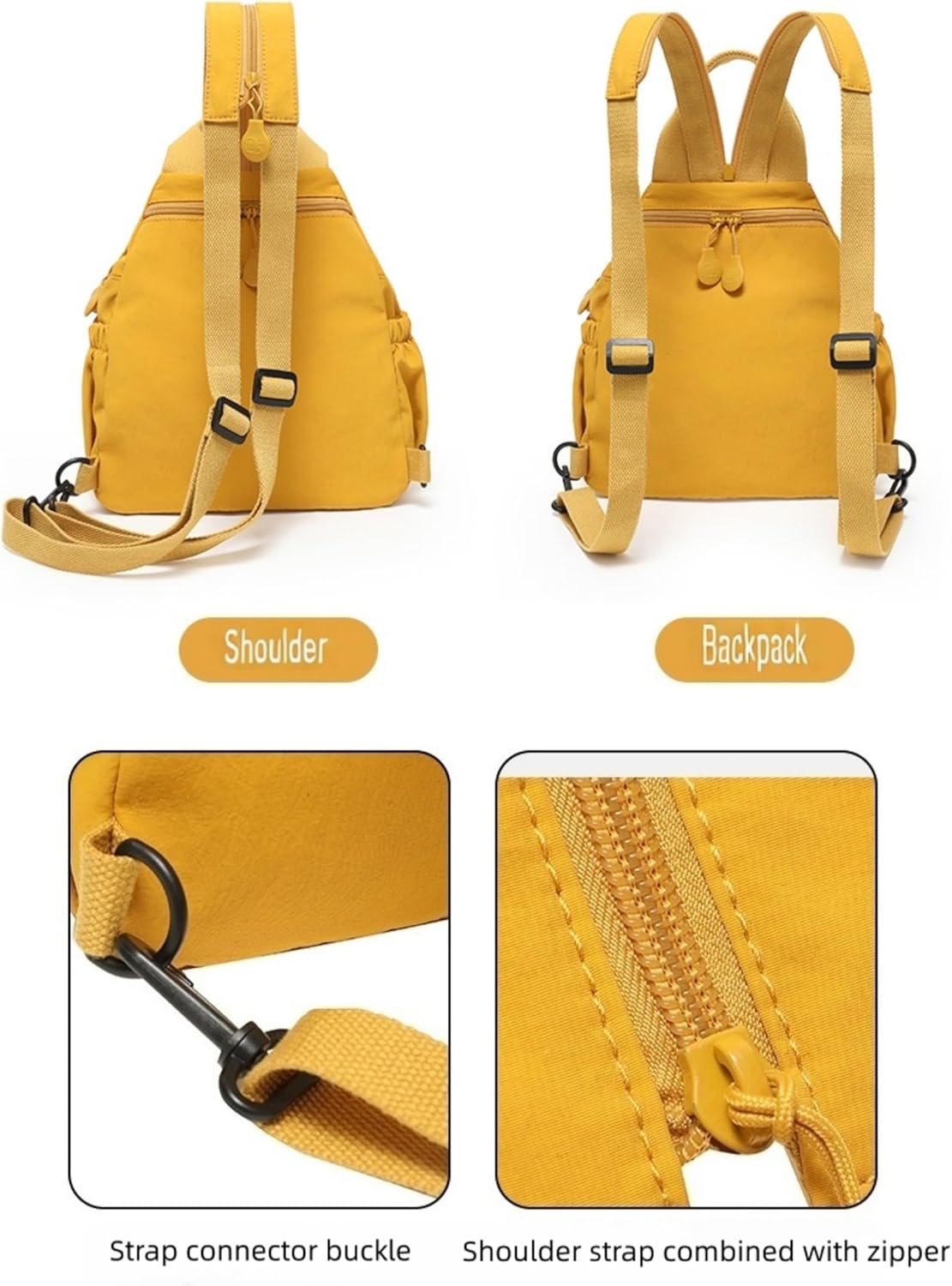 Convertible Sling Backpack for Women, Water-Resistant Lightweight Nylon Pack Hiking Travel Bag (Yellow)
