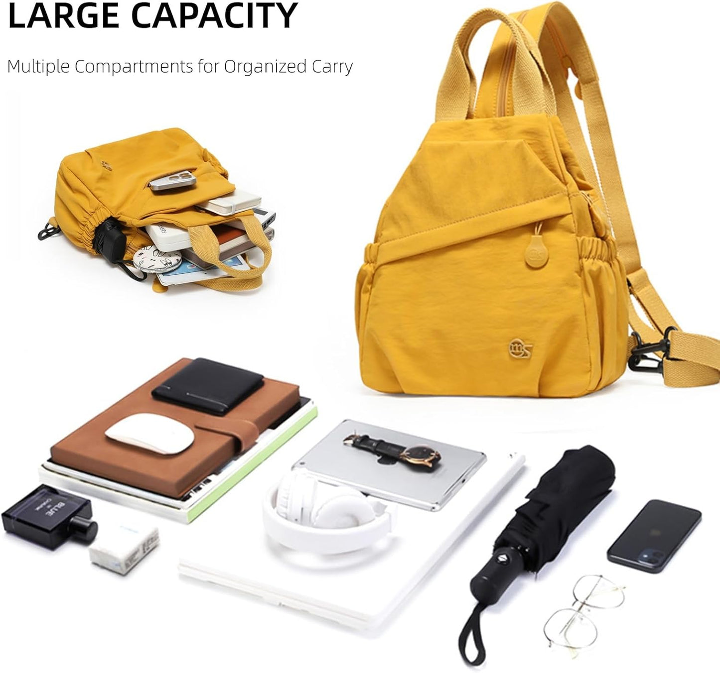 Convertible Sling Backpack for Women, Water-Resistant Lightweight Nylon Pack Hiking Travel Bag (Yellow)