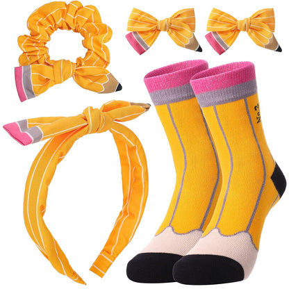 4 Pack Pencil Hair Accessories Set Bow Clips Headband Socks | Back to School Hair Stuff for Girls Yellow Pencil Scrunchies Big Bow Cute Clip Sock Set