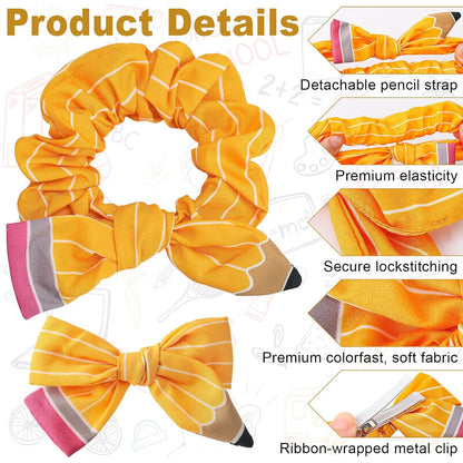 4 Pack Pencil Hair Accessories Set Bow Clips Headband Socks | Back to School Hair Stuff for Girls Yellow Pencil Scrunchies Big Bow Cute Clip Sock Set