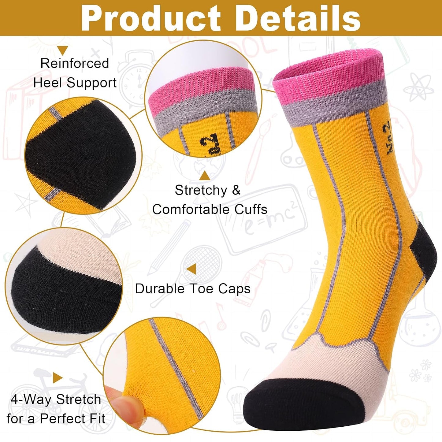 4 Pack Pencil Hair Accessories Set Bow Clips Headband Socks | Back to School Hair Stuff for Girls Yellow Pencil Scrunchies Big Bow Cute Clip Sock Set