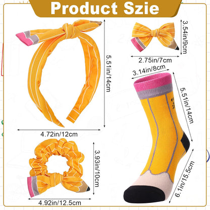 4 Pack Pencil Hair Accessories Set Bow Clips Headband Socks | Back to School Hair Stuff for Girls Yellow Pencil Scrunchies Big Bow Cute Clip Sock Set