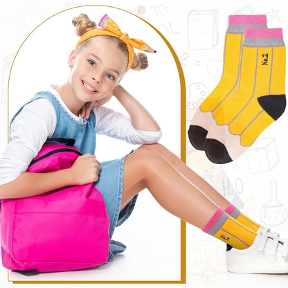4 Pack Pencil Hair Accessories Set Bow Clips Headband Socks | Back to School Hair Stuff for Girls Yellow Pencil Scrunchies Big Bow Cute Clip Sock Set