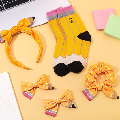 4 Pack Pencil Hair Accessories Set Bow Clips Headband Socks | Back to School Hair Stuff for Girls Yellow Pencil Scrunchies Big Bow Cute Clip Sock Set