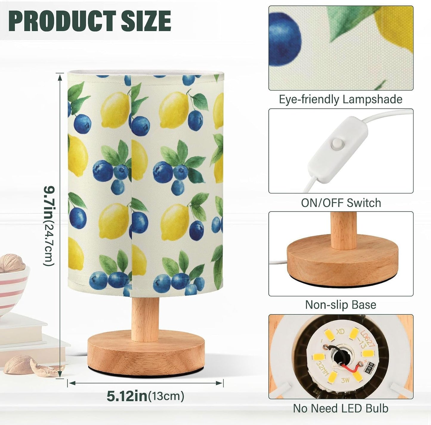 Bedside Table Lamp Lemon Yellow Citrus Fruits (16) Kids Nightstand Lamp Night Light Fabric Shade for Bedroom Living Room Home Office