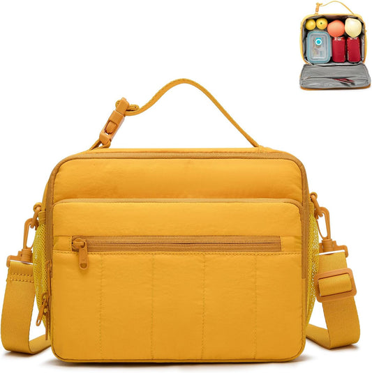 Lunch Bag for Women, 8L Quilted Cooler Tote – Lightweight, Waterproof, Reusable Puffy Lunch Box for Work & Office, Earth-yellow