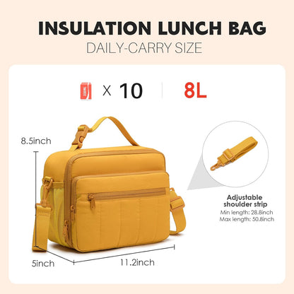 Lunch Bag for Women, 8L Quilted Cooler Tote – Lightweight, Waterproof, Reusable Puffy Lunch Box for Work & Office, Earth-yellow