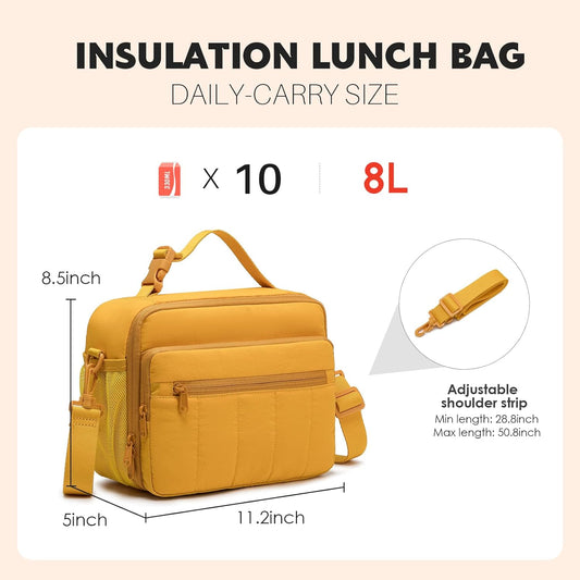 Lunch Bag for Women, 8L Quilted Cooler Tote – Lightweight, Waterproof, Reusable Puffy Lunch Box for Work & Office, Earth-yellow