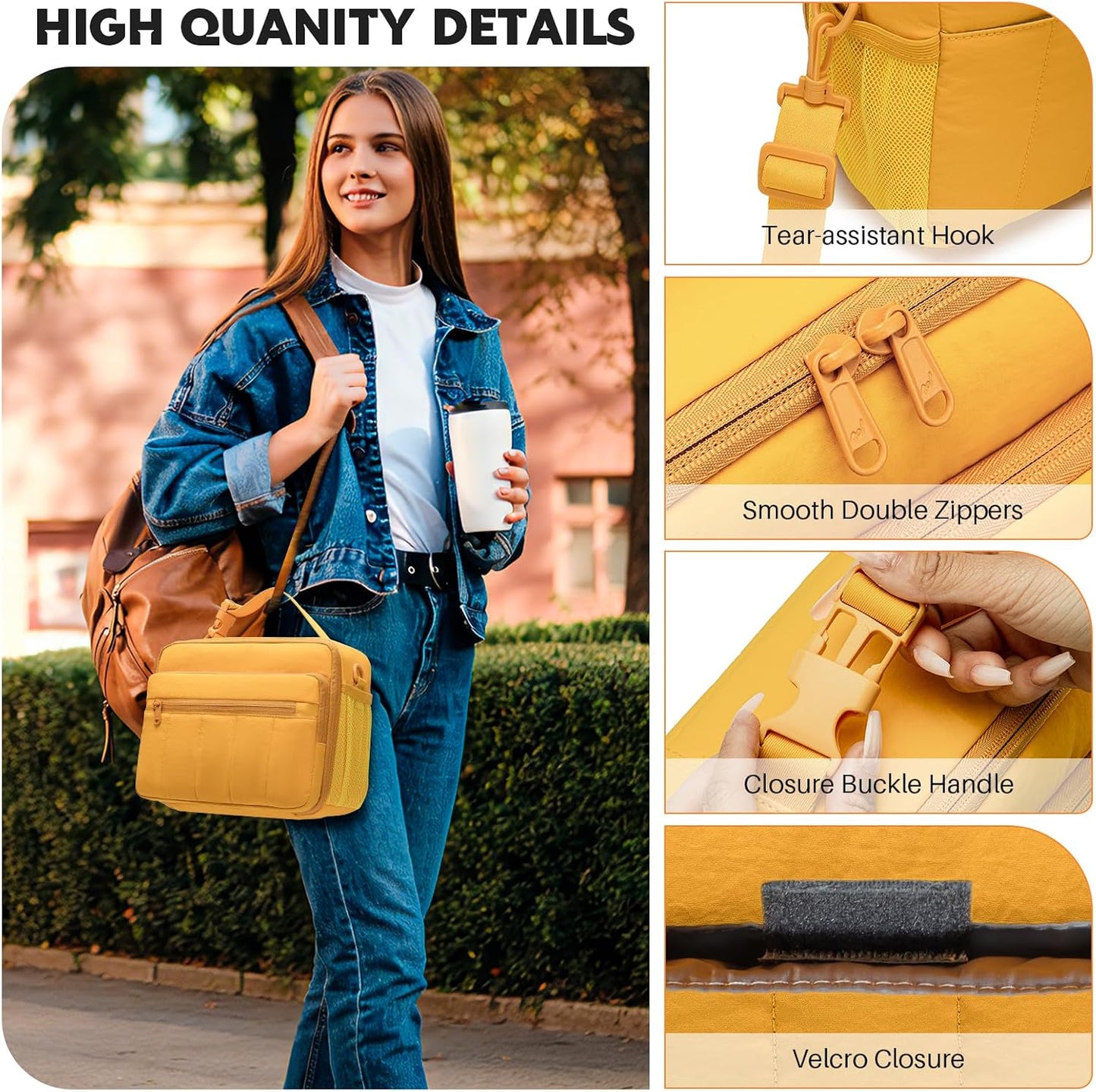 Lunch Bag for Women, 8L Quilted Cooler Tote – Lightweight, Waterproof, Reusable Puffy Lunch Box for Work & Office, Earth-yellow