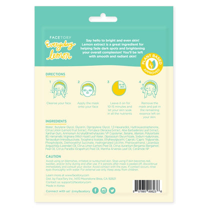 K Beauty Face Mask Skin Care - Everyday LEMON Brightening Sheet Mask | Plant-Based with Lemon Extract (5 Pack)