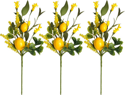 TEMPUS 3PCS Artificial Lemon Decor 16" Fake Lemons Branch Yellow Lemon and Greenery for Kitchen Party Table Centerpiece Farmhouse Home Daily Decoration