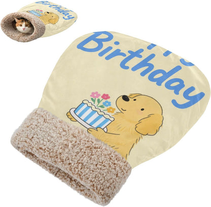 Happy Birthday Dog Yellow Cat Cave Bed for Indoor Cats Pet Tunnel Hideout Nest Winter Cozy Plush Washable Camas para Gatos