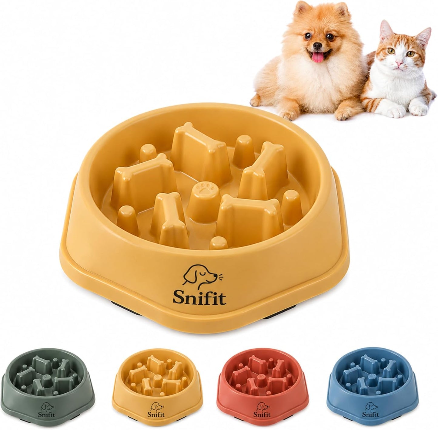 Slow Feeder Bowl for Small & Medium Cats & Dogs - Durable Slow Feeding Bowl with Non-Slip Base -Anti-Choking Puzzle Food Bowl for Dogs That Helps Mental Stimulation & Reduces Fast Eating-Yellow