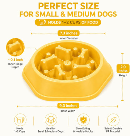Slow Feeder Bowl for Small & Medium Cats & Dogs - Durable Slow Feeding Bowl with Non-Slip Base -Anti-Choking Puzzle Food Bowl for Dogs That Helps Mental Stimulation & Reduces Fast Eating-Yellow