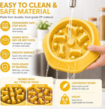 Slow Feeder Bowl for Small & Medium Cats & Dogs - Durable Slow Feeding Bowl with Non-Slip Base -Anti-Choking Puzzle Food Bowl for Dogs That Helps Mental Stimulation & Reduces Fast Eating-Yellow