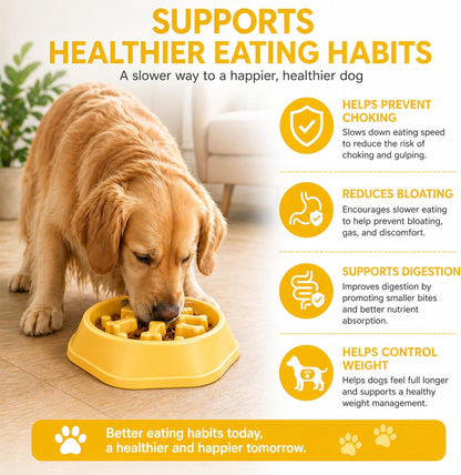 Slow Feeder Bowl for Small & Medium Cats & Dogs - Durable Slow Feeding Bowl with Non-Slip Base -Anti-Choking Puzzle Food Bowl for Dogs That Helps Mental Stimulation & Reduces Fast Eating-Yellow
