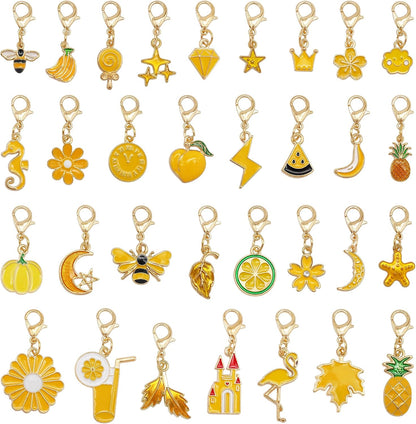 60PCS Enamel Charms Set with Golden Lobster Clasp, Assorted 30 Styles Animals Fruit Moon Star Clip-on Charm Pendants for Jewelry Making and Keychain Purse Decoration Crafts
