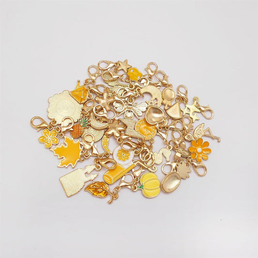 60PCS Enamel Charms Set with Golden Lobster Clasp, Assorted 30 Styles Animals Fruit Moon Star Clip-on Charm Pendants for Jewelry Making and Keychain Purse Decoration Crafts