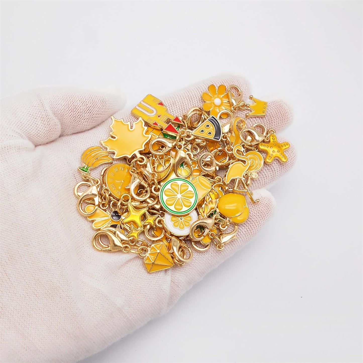60PCS Enamel Charms Set with Golden Lobster Clasp, Assorted 30 Styles Animals Fruit Moon Star Clip-on Charm Pendants for Jewelry Making and Keychain Purse Decoration Crafts