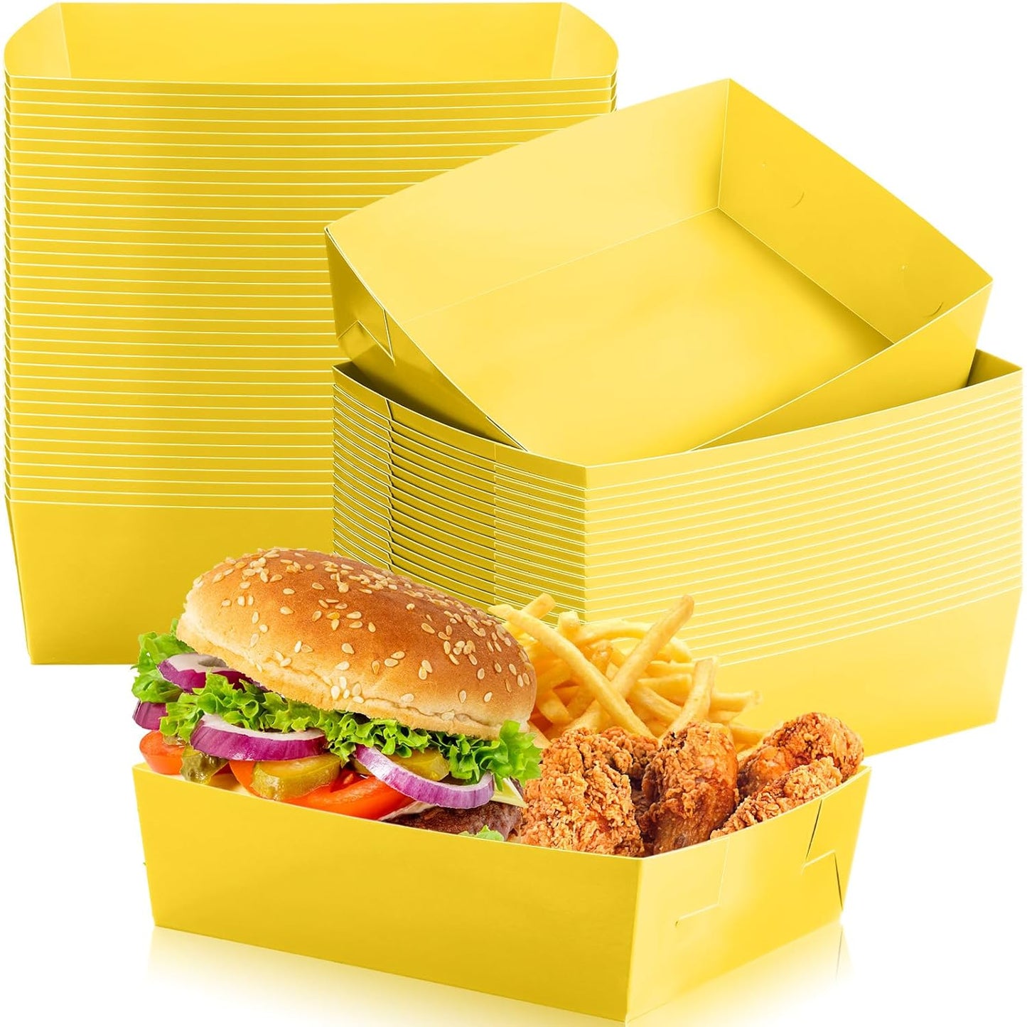50 Pcs 5 lb Extra Large Paper Food Trays Disposable Food Boat Nacho Plate Serving Snack Trays Grease Resistant Self-assembly for Back to School Party Birthday Wedding Supply (Yellow)