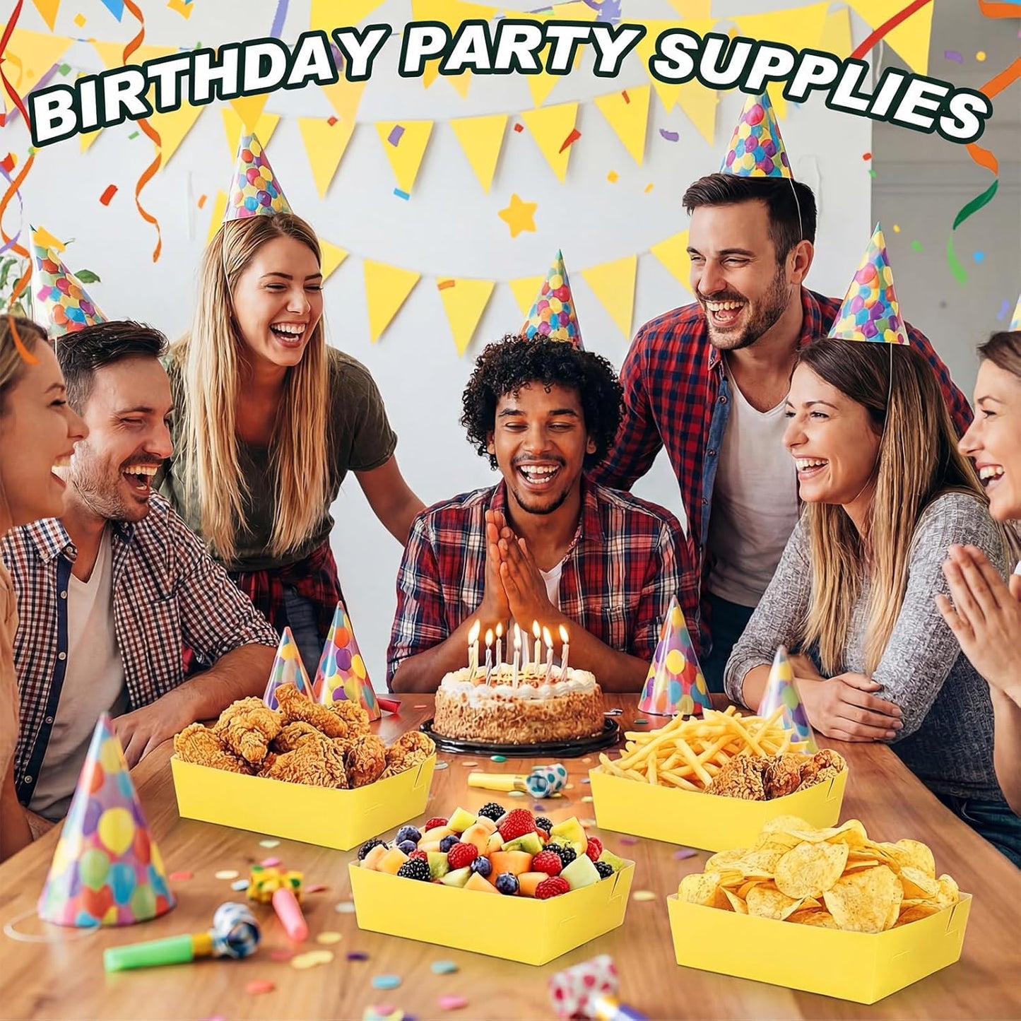 50 Pcs 5 lb Extra Large Paper Food Trays Disposable Food Boat Nacho Plate Serving Snack Trays Grease Resistant Self-assembly for Back to School Party Birthday Wedding Supply (Yellow)