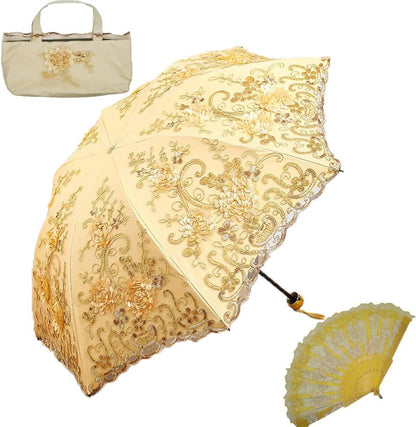 Vintage Lace Umbrella, UPF50+ Sun Umbrella, 3D Flower Chinese Embroidery Compact Folding Umbrella for Walking, Wedding, Tea Party,Photo Shooting