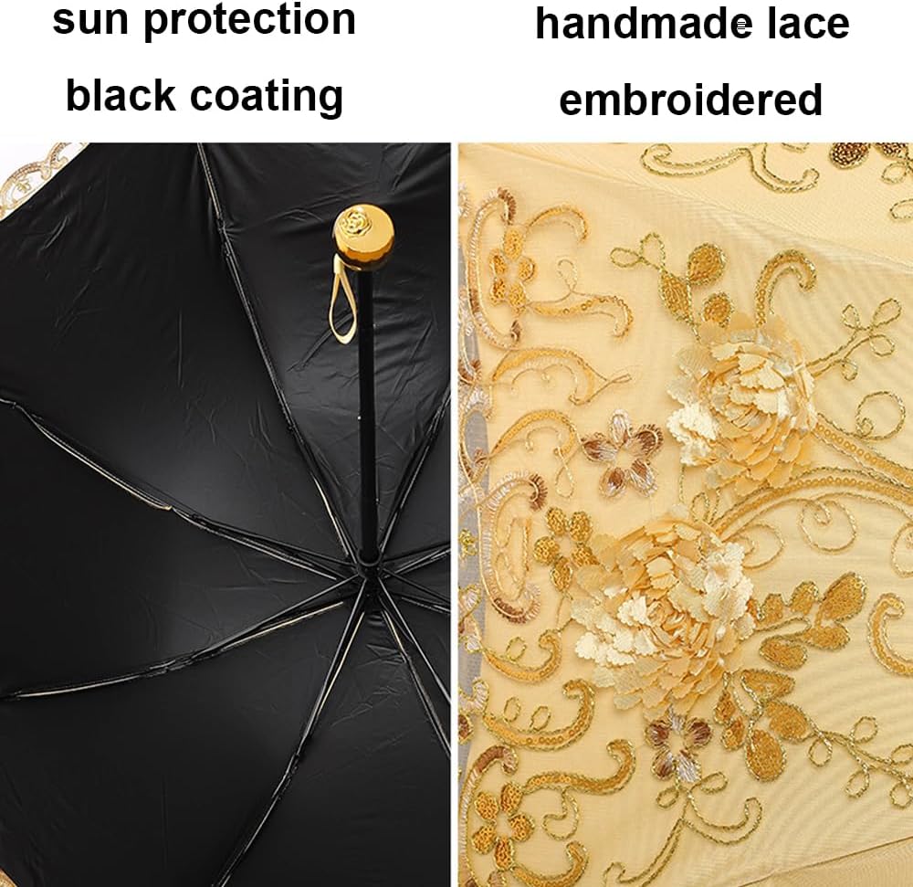 Vintage Lace Umbrella, UPF50+ Sun Umbrella, 3D Flower Chinese Embroidery Compact Folding Umbrella for Walking, Wedding, Tea Party,Photo Shooting