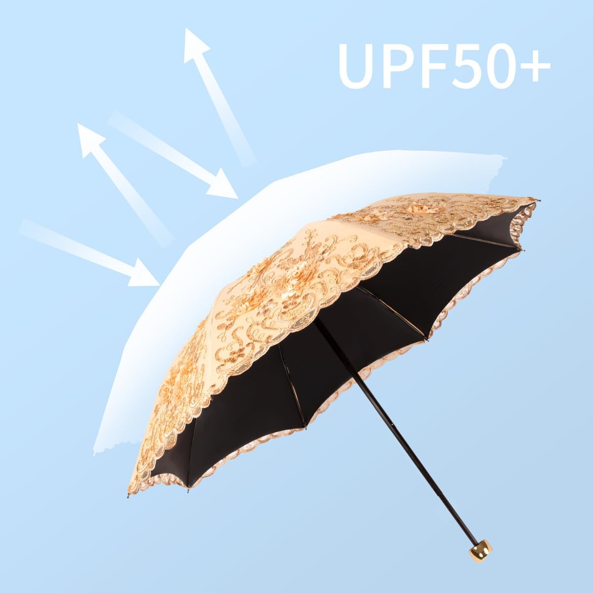 Vintage Lace Umbrella, UPF50+ Sun Umbrella, 3D Flower Chinese Embroidery Compact Folding Umbrella for Walking, Wedding, Tea Party,Photo Shooting