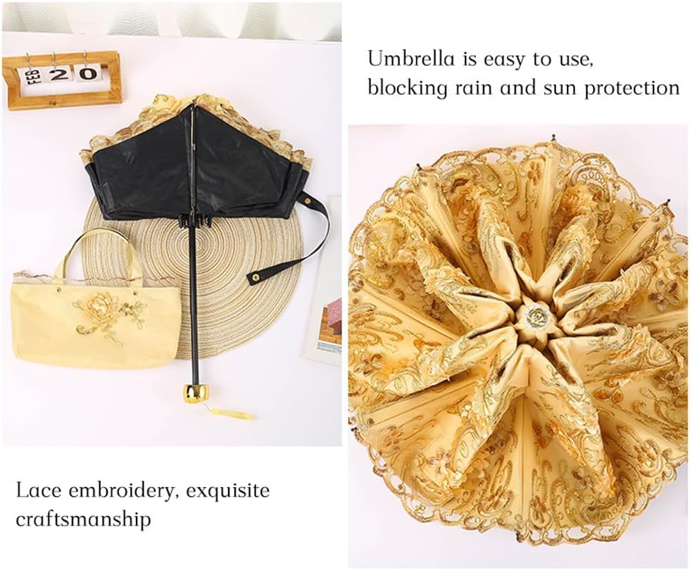 Vintage Lace Umbrella, UPF50+ Sun Umbrella, 3D Flower Chinese Embroidery Compact Folding Umbrella for Walking, Wedding, Tea Party,Photo Shooting