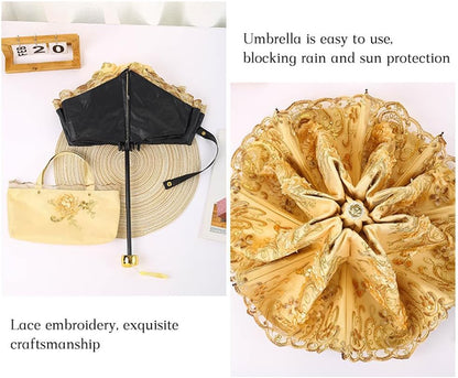 Vintage Lace Umbrella, UPF50+ Sun Umbrella, 3D Flower Chinese Embroidery Compact Folding Umbrella for Walking, Wedding, Tea Party,Photo Shooting