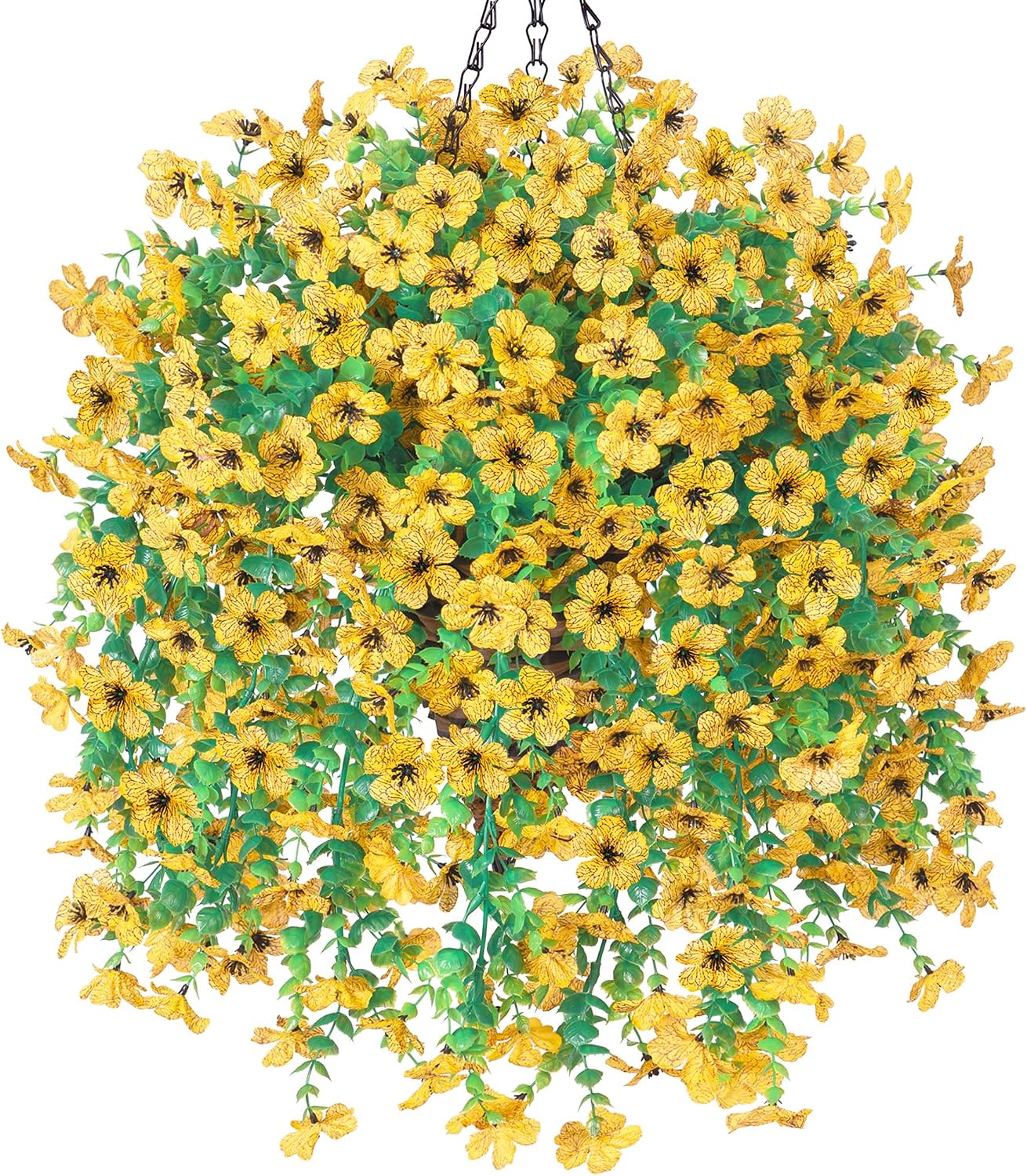 Artificial Hanging Flowers Basket for Outdoor, Fake Flowers Faux Plants Look Real for Yard Gardens Porch Patio Home (Yellow)